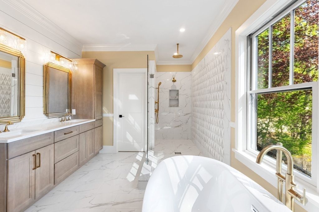 Bathroom, Dual Sink Vanities, Free Standing Baths, Glass Shower, Interior, Marble, Marble Walls, Recessed Lighting