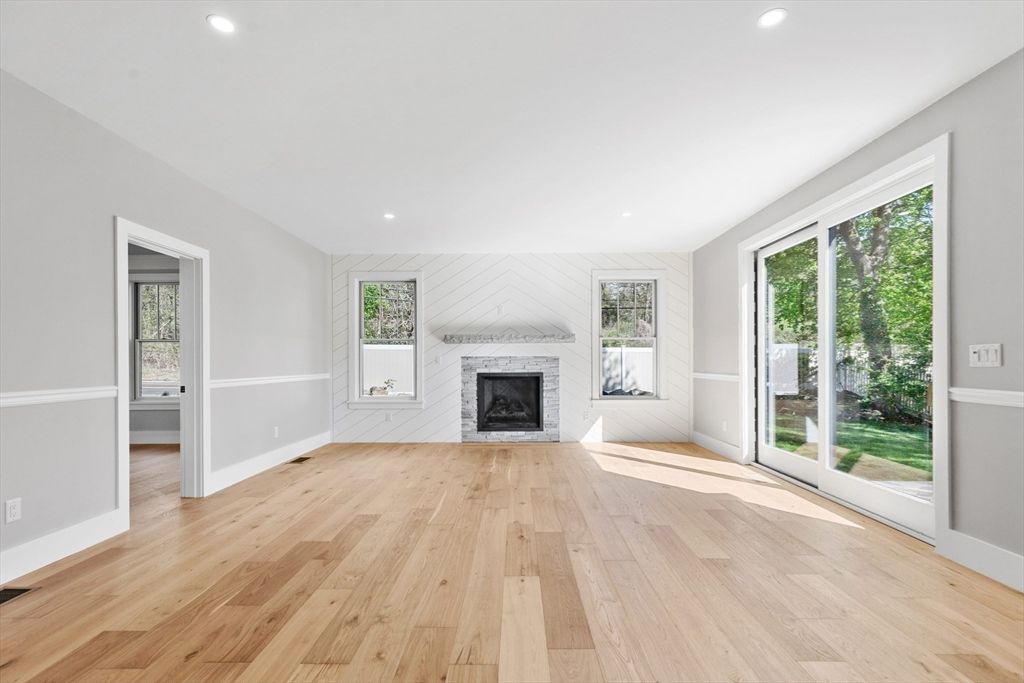Empty room, Fireplace, Interior, Recessed Lighting, Wood Texture Flooring