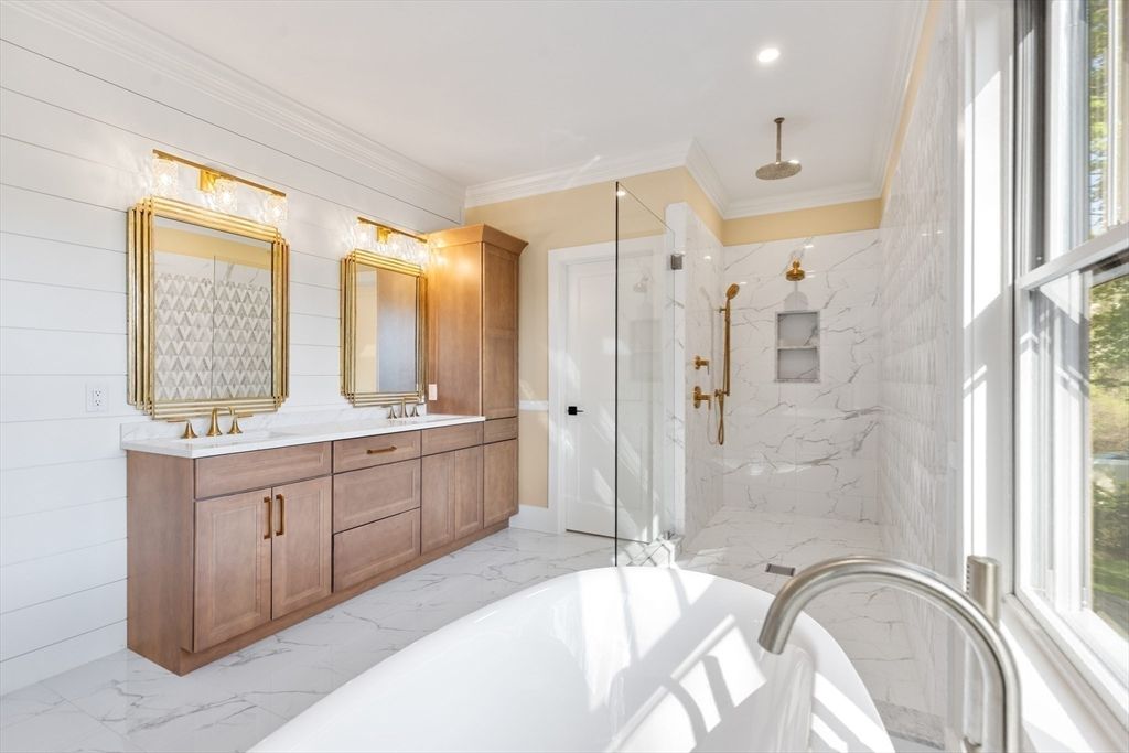 Bathroom, Dual Sink Vanities, Free Standing Baths, Glass Shower, Interior, Marble, Marble Walls, Recessed Lighting