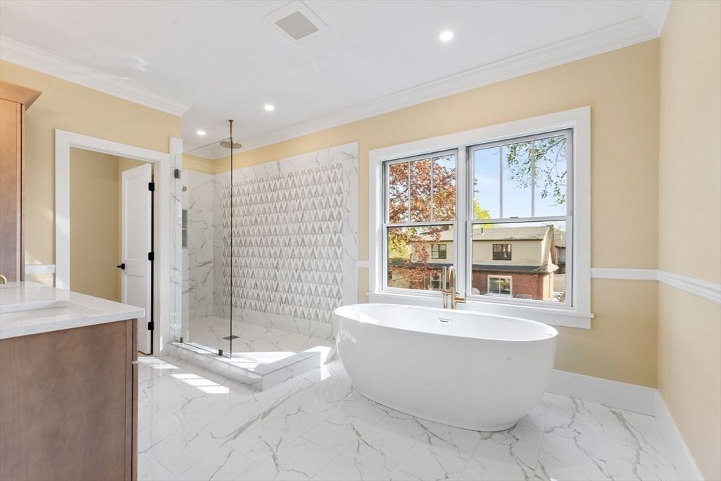 Bathroom, Free Standing Baths, Glass Shower, Interior, Marble, Marble Walls, Recessed Lighting