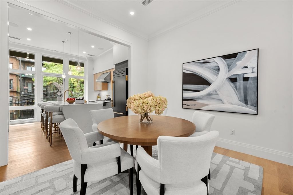 Dining room, Interior, Kitchen, Pendant Lights, Recessed Lighting, Wood Texture Flooring
