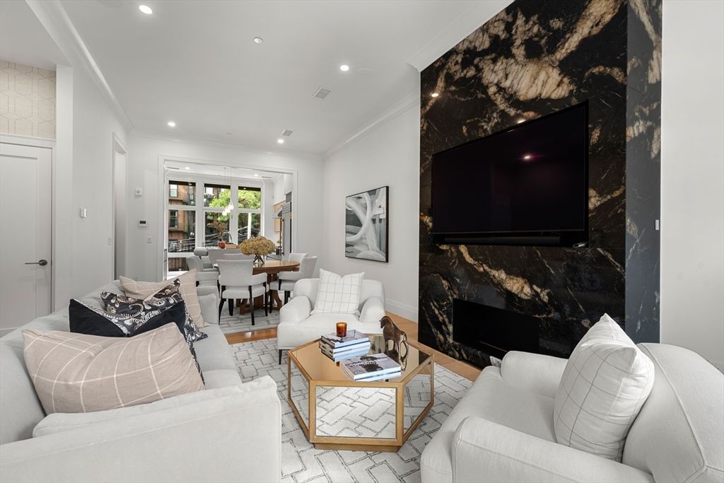 Dining room, Fireplace, Interior, Living room, Recessed Lighting