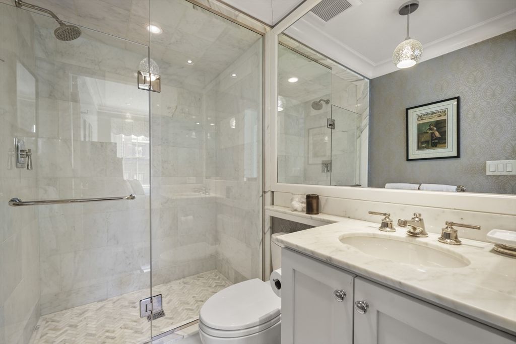 Bathroom, Glass Shower, Interior, Marble Walls, Pendant Lights, Recessed Lighting