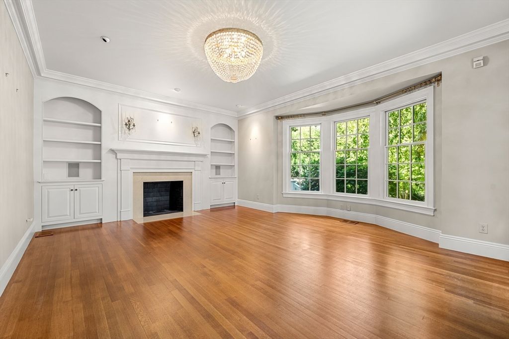 Empty room, Fireplace, Interior, Recessed Lighting, Wood Texture Flooring