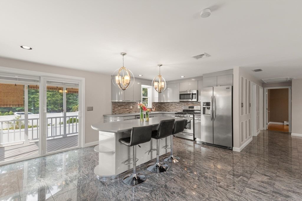 Interior, Kitchen, Marble, Pendant Lights, Recessed Lighting, Stainless Steel Appliances