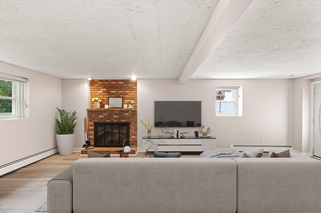 Fireplace, Interior, Living room, Stone Walls, Wood Texture Flooring