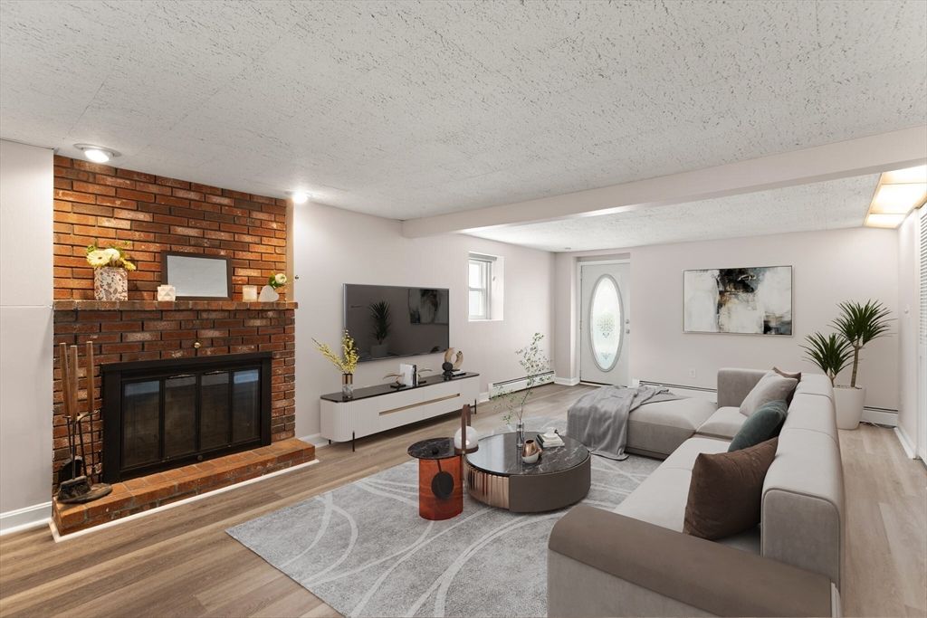 Fireplace, Interior, Living room, Stone Walls, Wood Texture Flooring