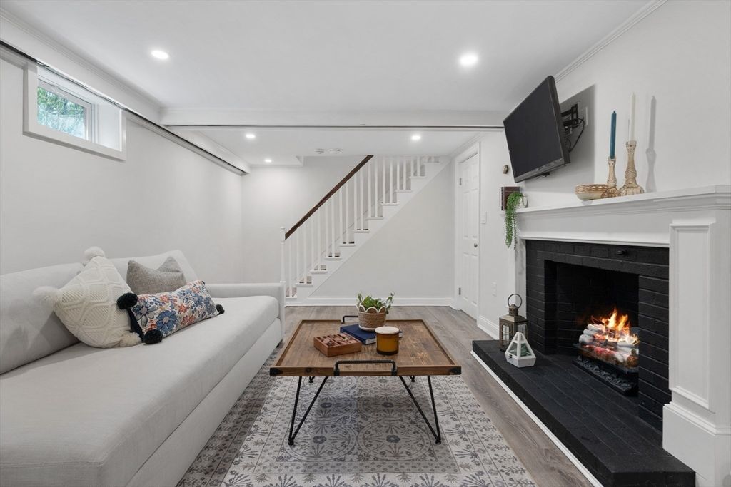 Fireplace, Interior, Living room, Recessed Lighting, Wood Texture Flooring