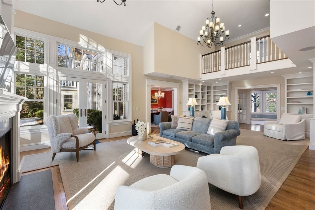 Chandelier, Fireplace, Interior, Living room, Recessed Lighting, Wood Texture Flooring