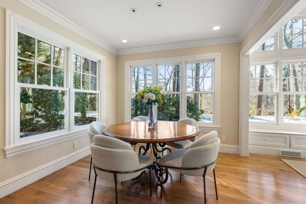 Dining room, Interior, Recessed Lighting, Wood Texture Flooring