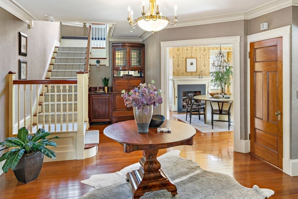 Dining room, Fireplace, Interior, Pendant Lights, Wood Texture Flooring