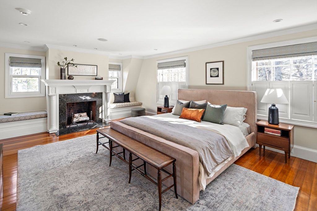 Bedroom, Fireplace, Interior, Recessed Lighting, Wood Texture Flooring