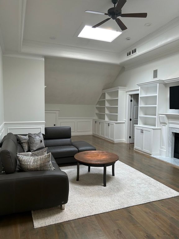 Fireplace, Interior, Living room, Recessed Lighting, Wood Texture Flooring