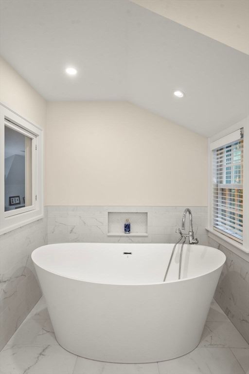 Bathroom, Free Standing Baths, Interior, Marble, Marble Walls, Recessed Lighting