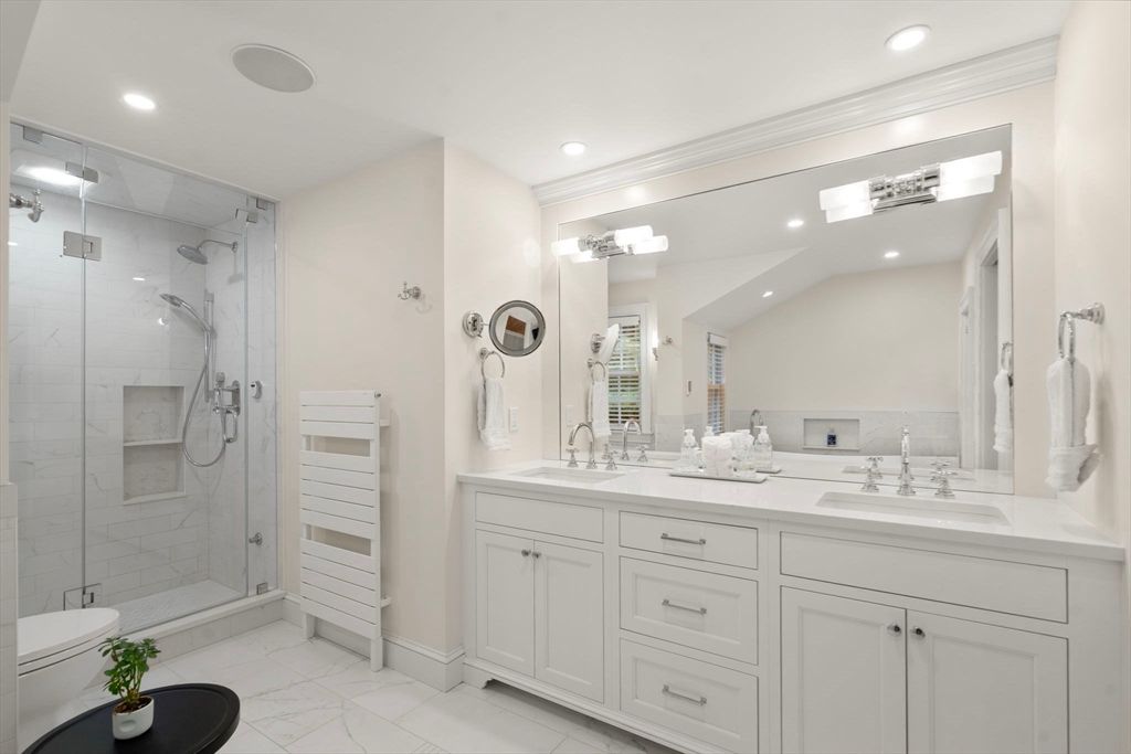 Bathroom, Dual Sink Vanities, Glass Shower, Interior, Marble, Recessed Lighting