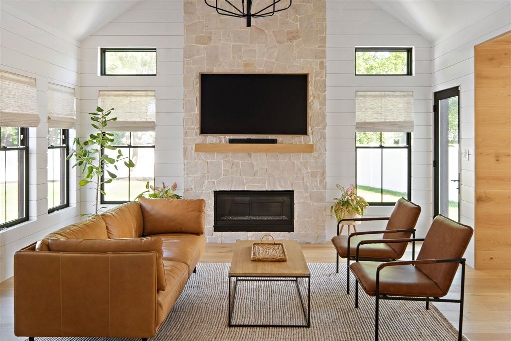 Fireplace, Interior, Living room, Stone Walls, Wood Texture Flooring