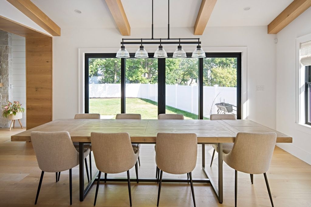 Dining room, Interior, Pendant Lights, Recessed Lighting, Wooden Beams, Wood Texture Flooring