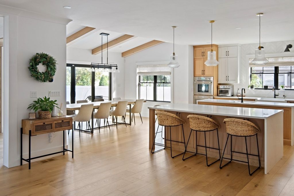 Interior, Kitchen, Pendant Lights, Recessed Lighting, Stainless Steel Appliances, Wooden Beams, Wood Texture Flooring