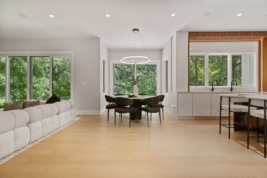 Dining room, Interior, Pendant Lights, Recessed Lighting, Wood Texture Flooring