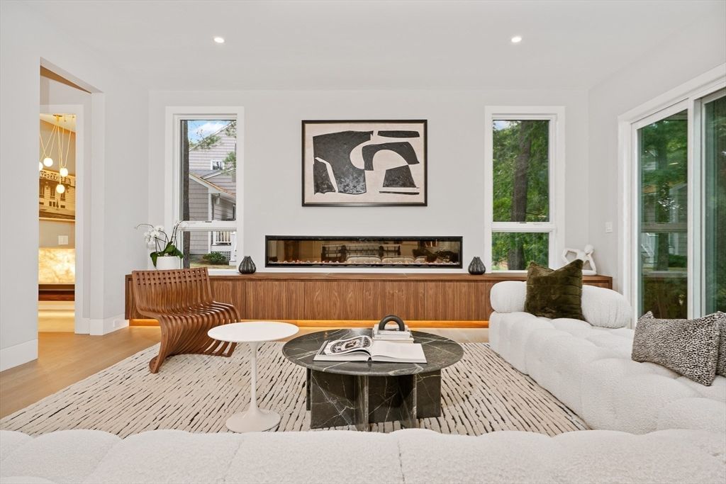 Fireplace, Interior, Living room, Recessed Lighting, Wood Texture Flooring