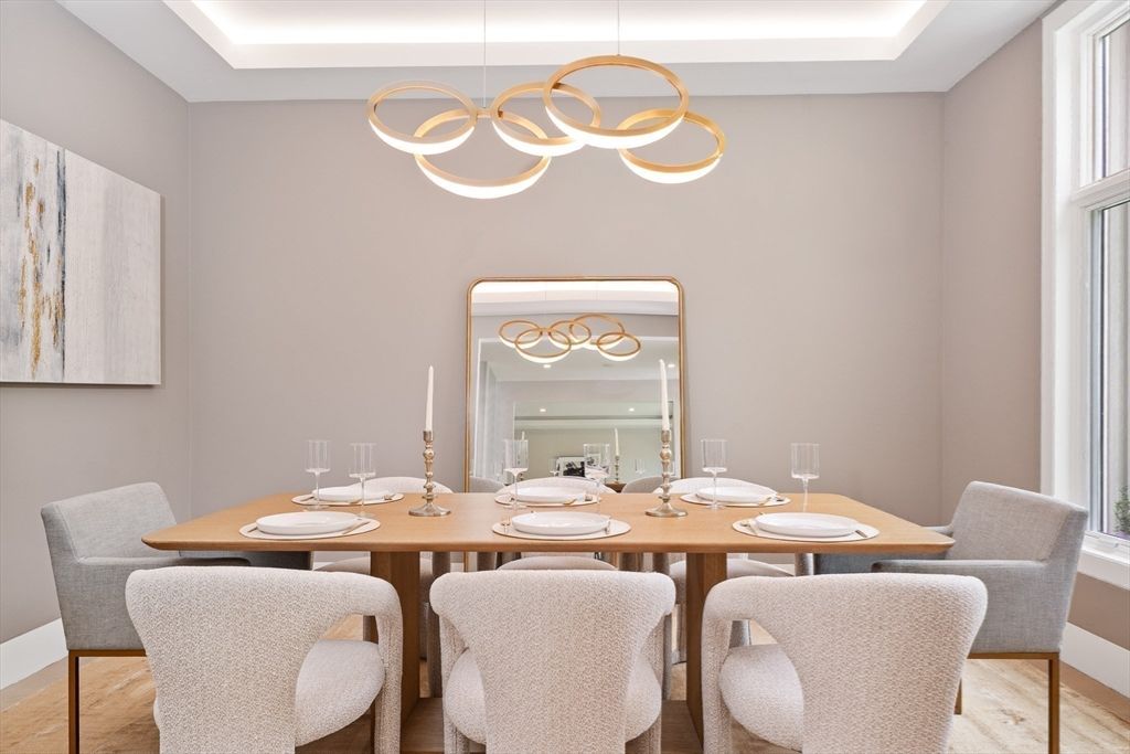 Dining room, Interior, Pendant Lights, Wood Texture Flooring
