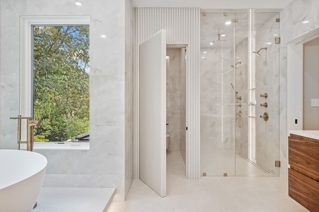 Bathroom, Free Standing Baths, Glass Shower, Interior, Marble Walls, Recessed Lighting