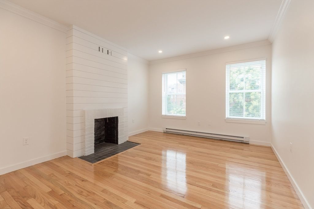 Empty room, Fireplace, Interior, Recessed Lighting, Wood Texture Flooring