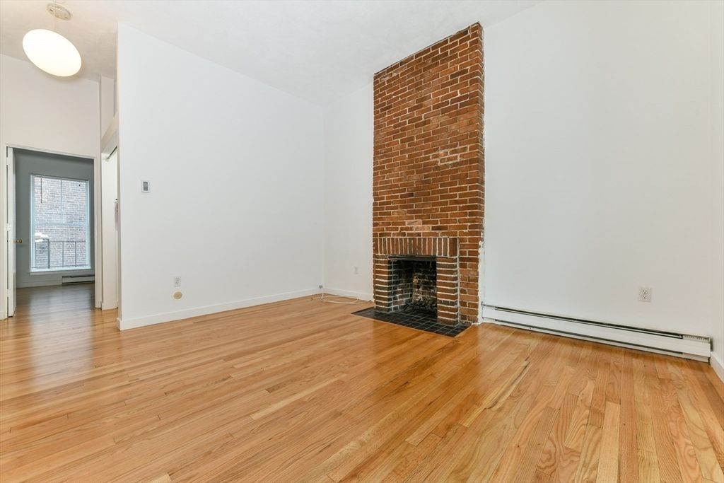 Empty room, Fireplace, Interior, Stone Walls, Wood Texture Flooring
