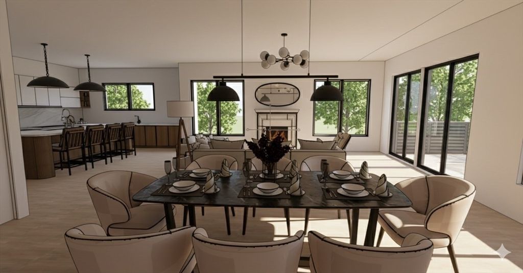 Dining room, Fireplace, Interior, Kitchen, Living room, Pendant Lights, Wood Texture Flooring