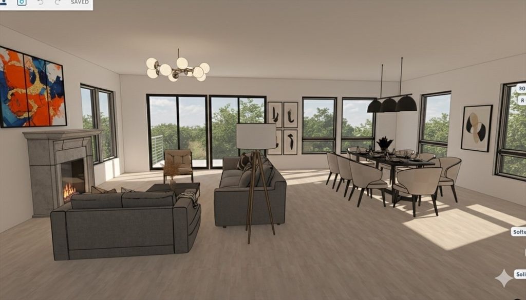 Dining room, Fireplace, Interior, Living room, Pendant Lights, Wood Texture Flooring