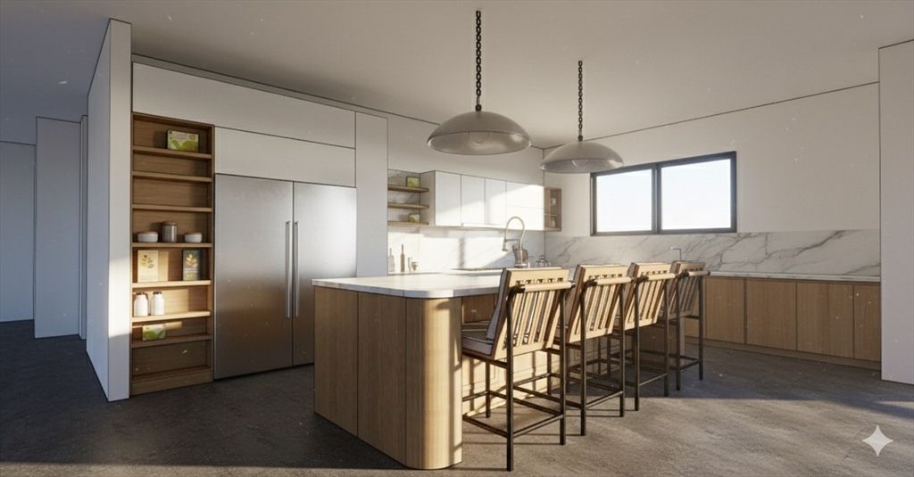 Interior, Kitchen, Marble Walls, Pendant Lights