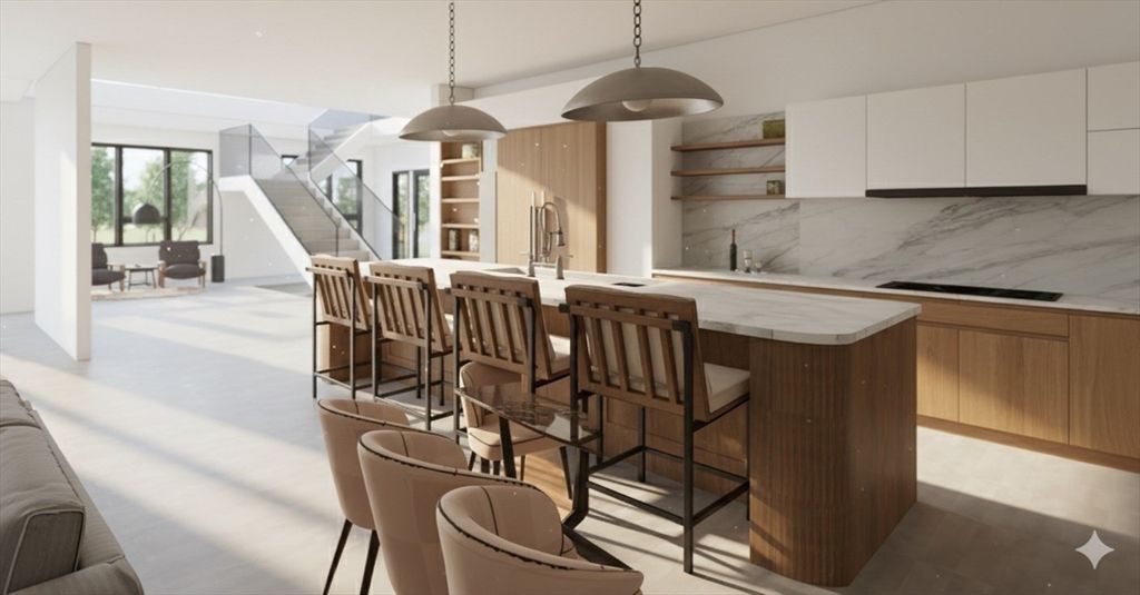 Interior, Kitchen, Marble Walls, Pendant Lights, Stainless Steel Appliances