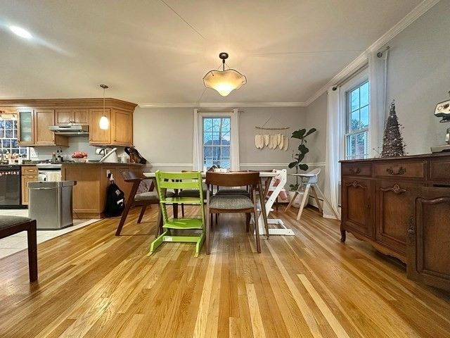 Dining room, Interior, Kitchen, Pendant Lights, Wood Texture Flooring