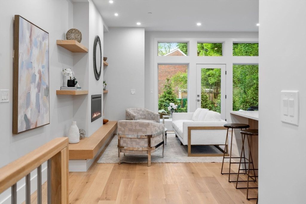 Fireplace, Interior, Living room, Recessed Lighting, Wood Texture Flooring