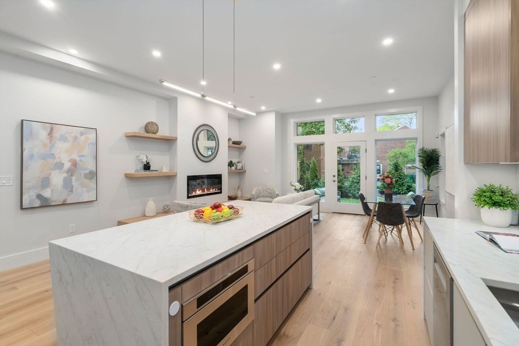 Dining room, Fireplace, Interior, Kitchen, Pendant Lights, Recessed Lighting, Wood Texture Flooring