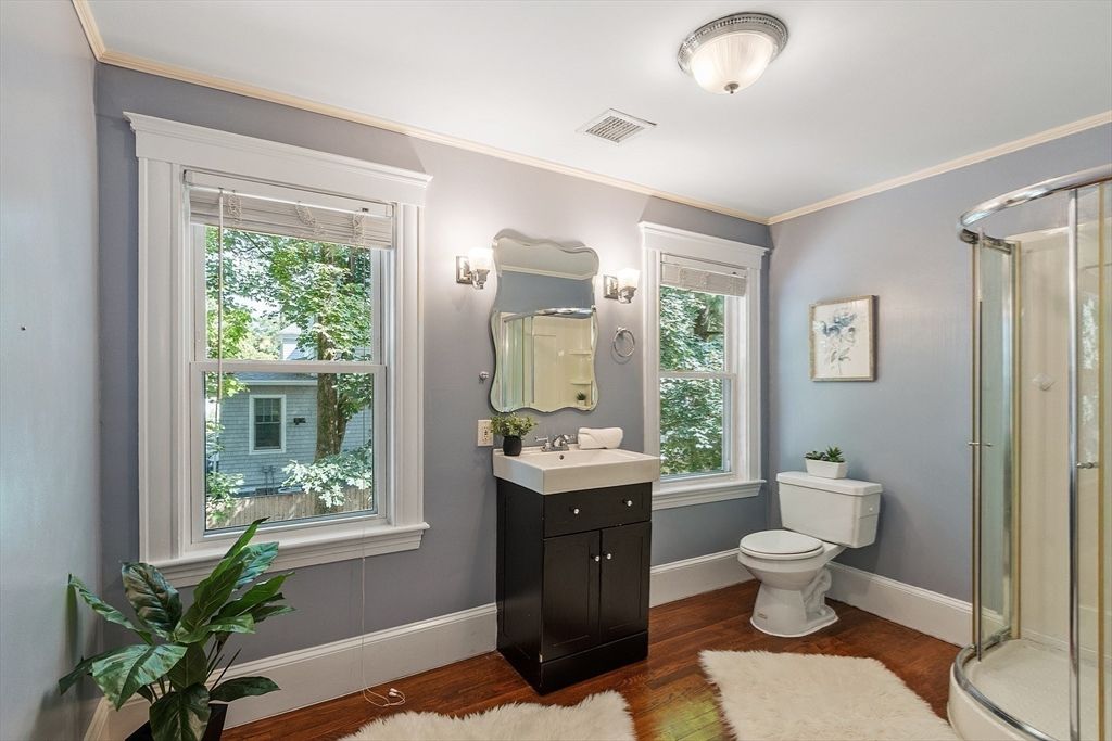 Bathroom, Glass Shower, Interior, Wood Texture Flooring