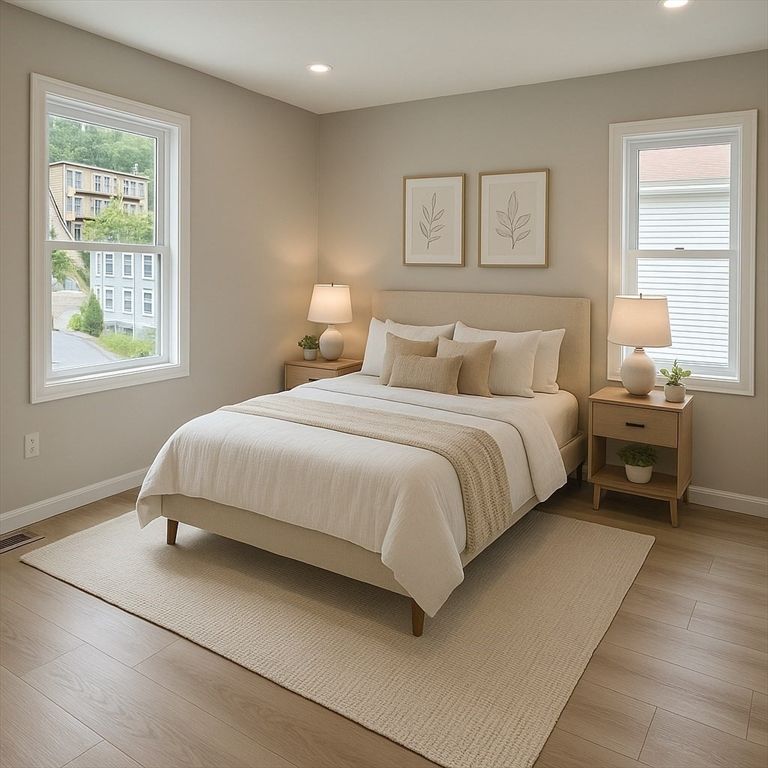 Bedroom, Interior, Recessed Lighting, Wood Texture Flooring