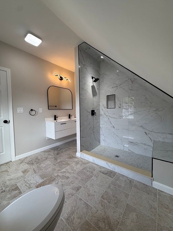 Bathroom, Dual Sink Vanities, Glass Shower, Interior, Marble Walls