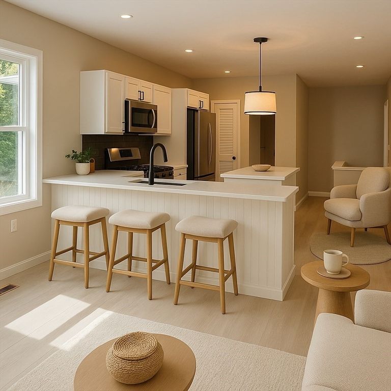 Interior, Kitchen, Pendant Lights, Recessed Lighting, Wood Texture Flooring
