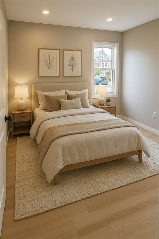 Bedroom, Interior, Recessed Lighting, Wood Texture Flooring