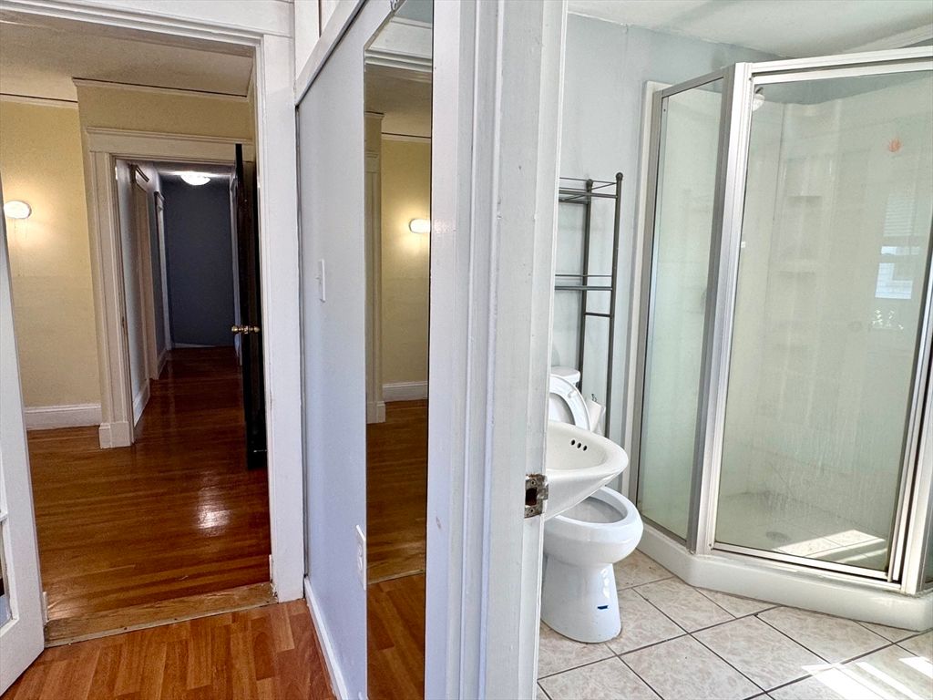 Bathroom, Glass Shower, Interior, Wood Texture Flooring