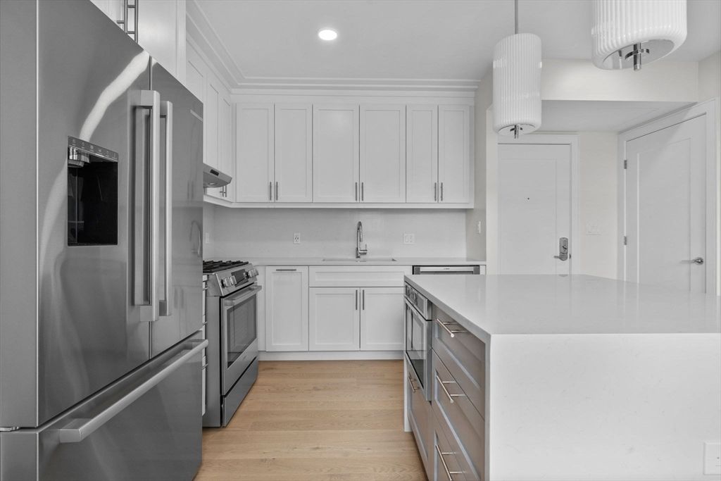 Interior, Kitchen, Pendant Lights, Recessed Lighting, Stainless Steel Appliances, Wood Texture Flooring