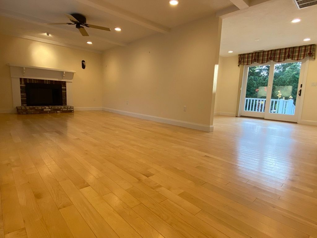 Empty room, Fireplace, Interior, Recessed Lighting, Wood Texture Flooring