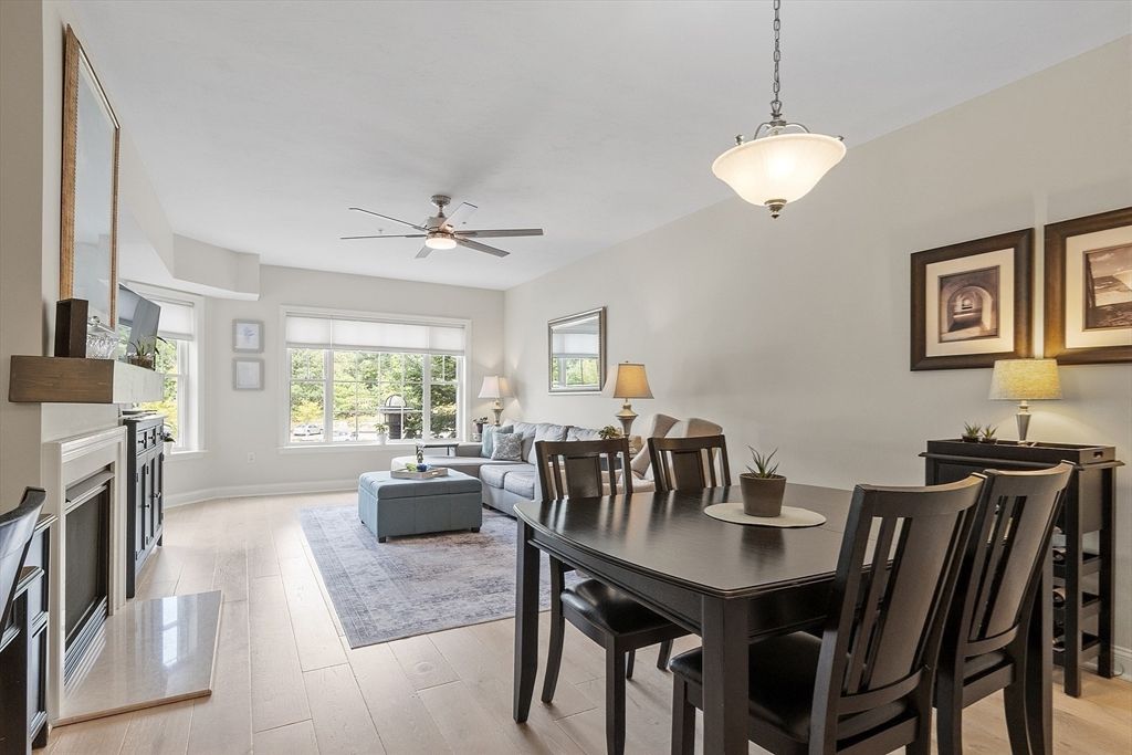 Dining room, Fireplace, Interior, Living room, Pendant Lights, Wood Texture Flooring