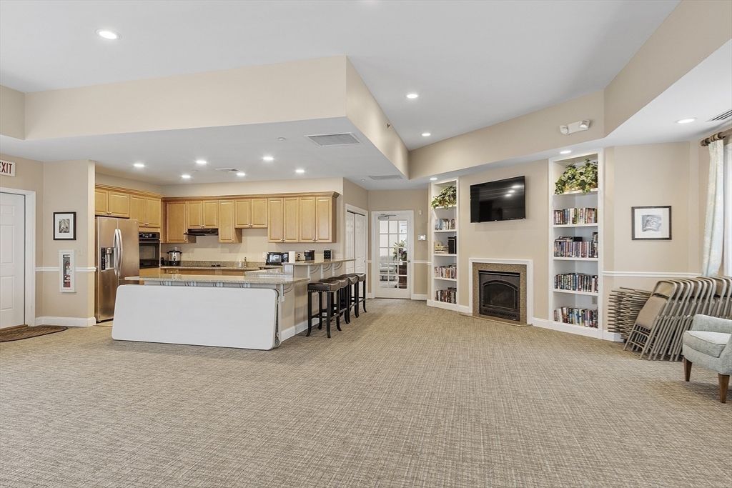 Fireplace, Interior, Kitchen, Recessed Lighting, Stainless Steel Appliances