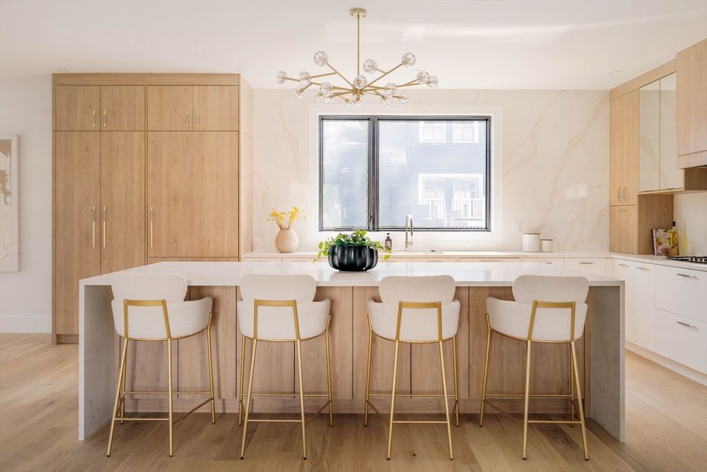 Interior, Kitchen, Marble Walls, Pendant Lights, Wood Texture Flooring