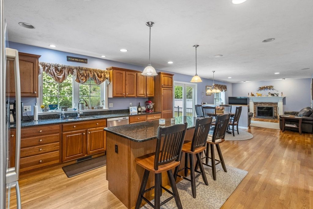 Dining room, Fireplace, Interior, Kitchen, Living room, Pendant Lights, Recessed Lighting, Wood Texture Flooring