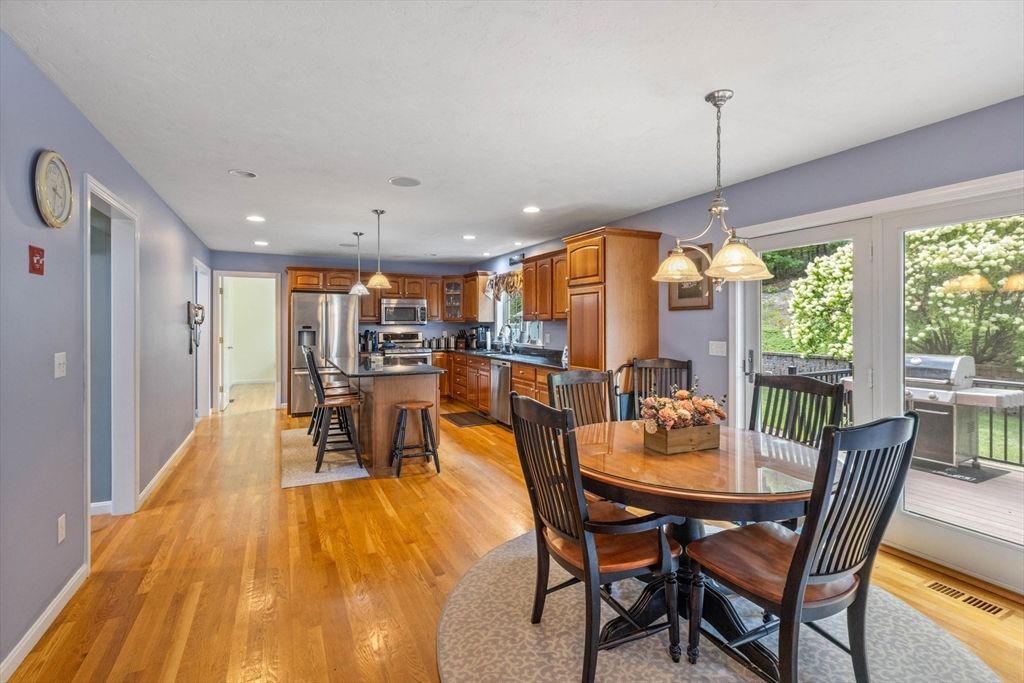Dining room, Interior, Kitchen, Pendant Lights, Recessed Lighting, Stainless Steel Appliances, Wood Texture Flooring