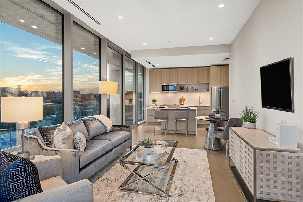 Interior, Kitchen, Living room, Recessed Lighting, Stainless Steel Appliances, Wood Texture Flooring