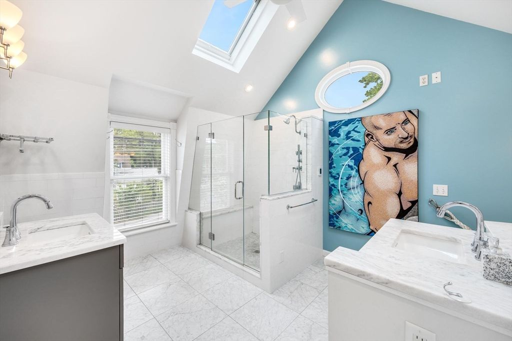 Bathroom, Dual Sink Vanities, Glass Shower, Interior, Marble, Recessed Lighting